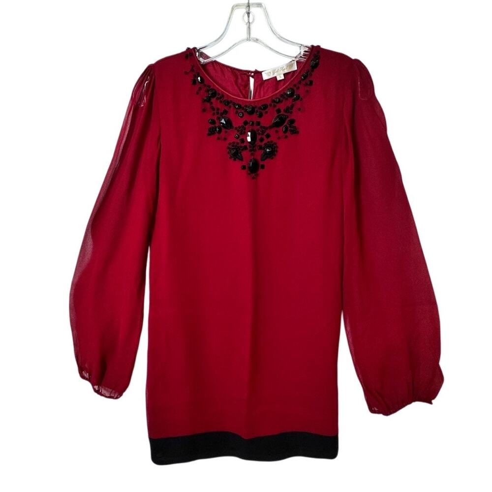 Gold Hawk Midi Dress in Garnet Red Black Silk Embellished Neckline Small